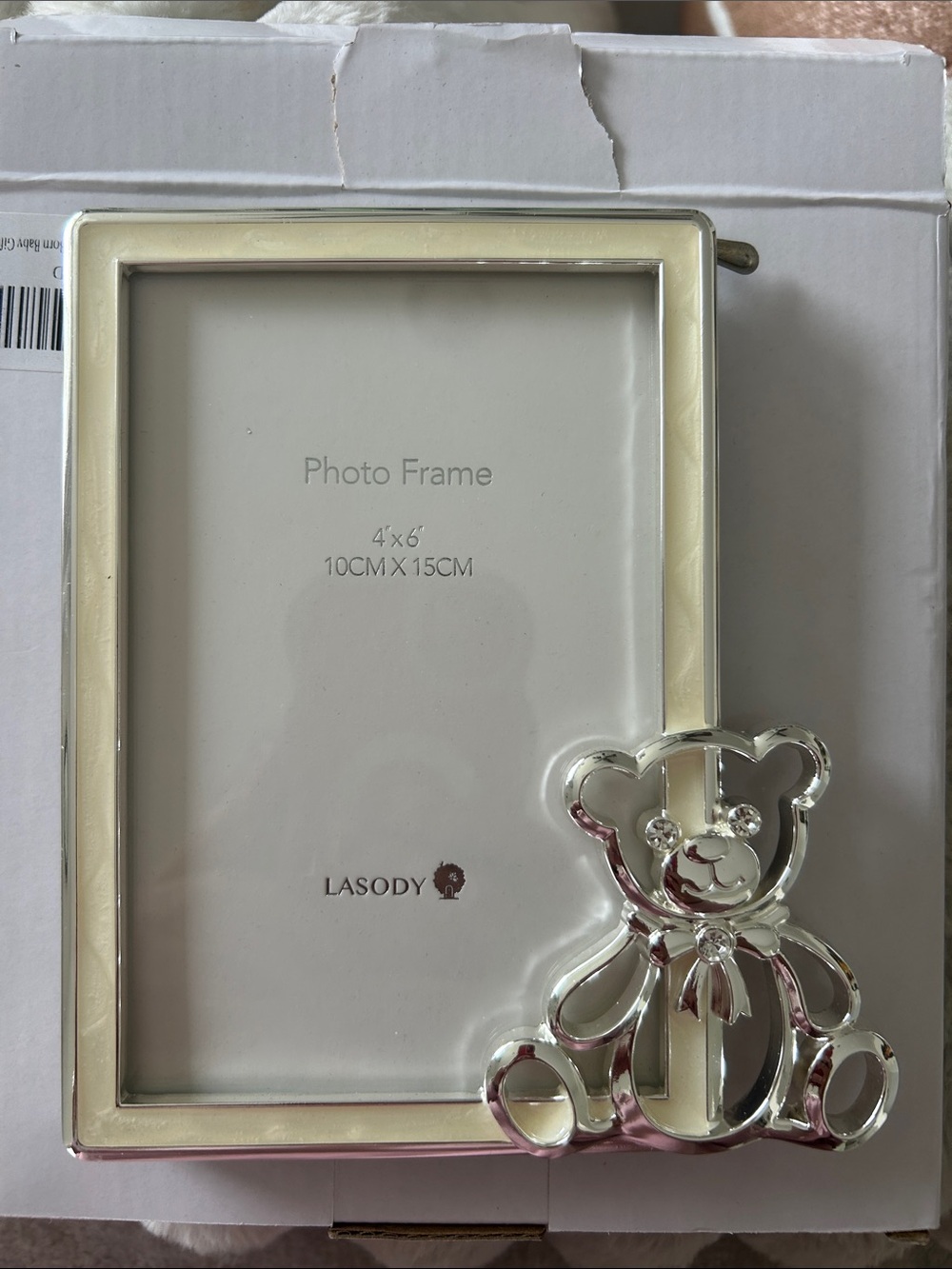 LASODY Silver and Cream Teddy Bear 4x6 Photo Frame